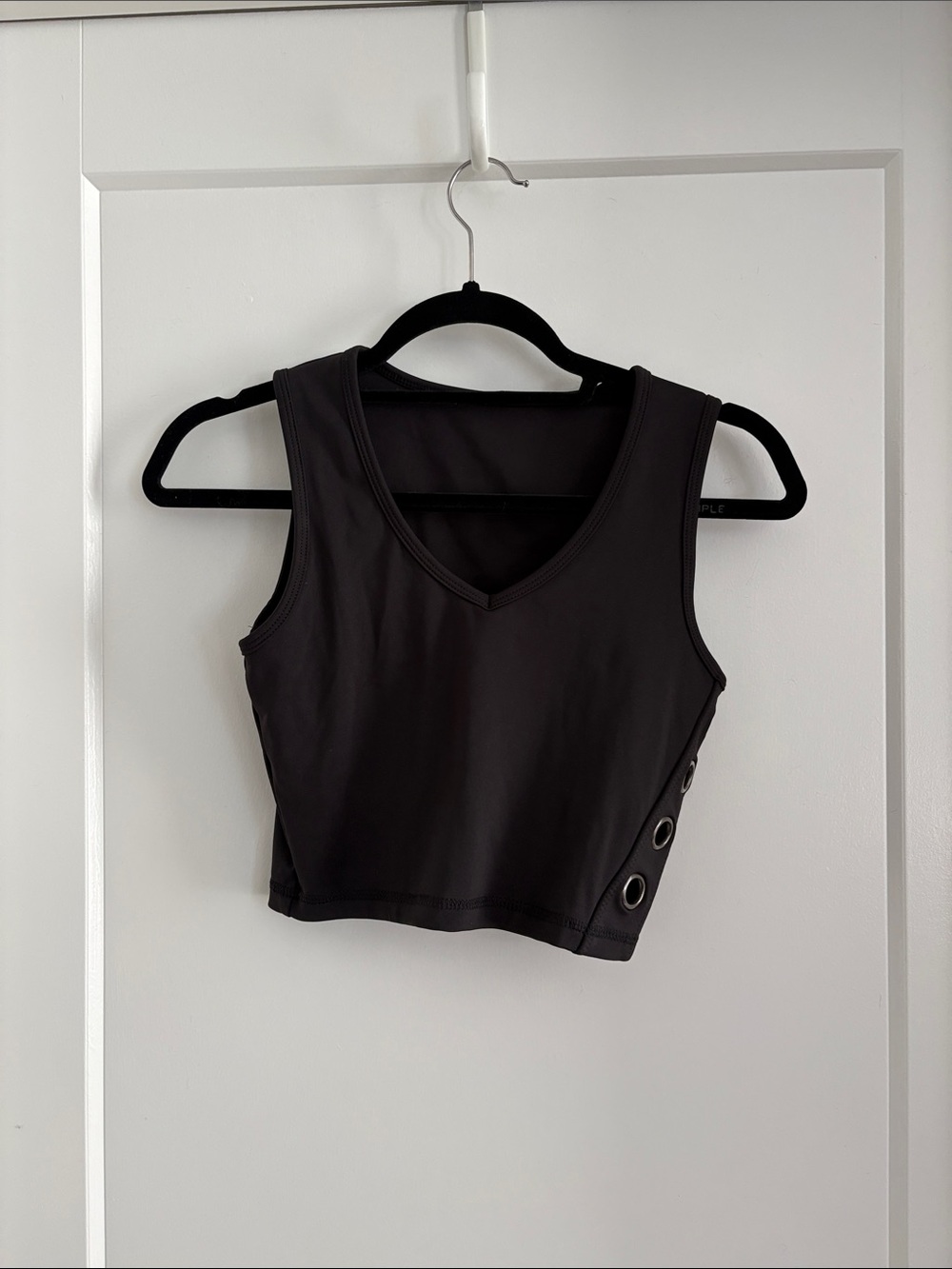 Black V-Neck Crop Tank with Side Eyelet Detail and Built in Sports Bra